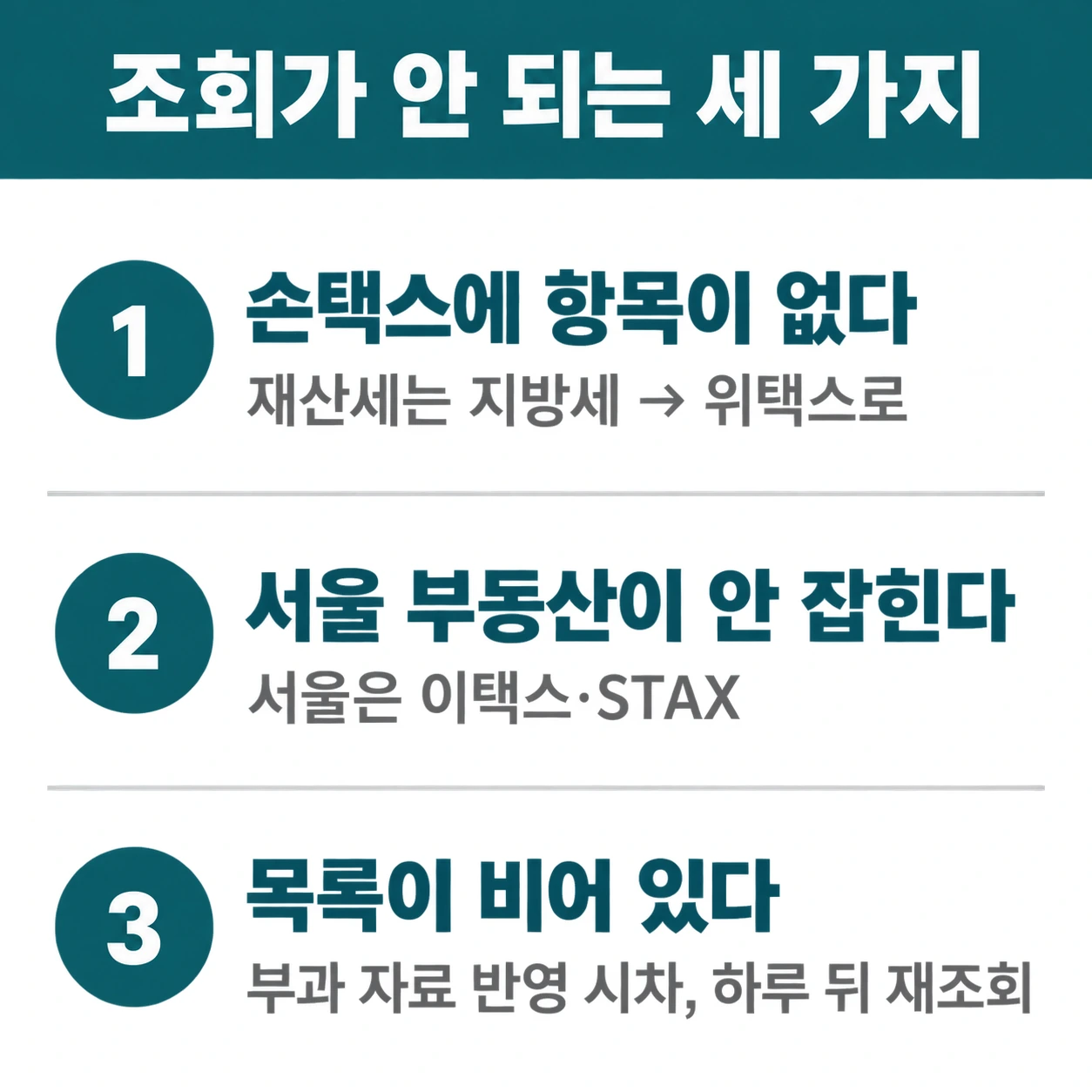 재산세 조회가 안 되는 세 가지 원인과 해결 인포그래픽