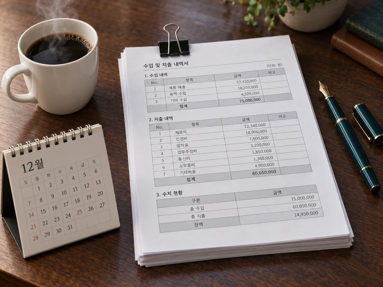 회의 테이블 위에 놓인 두툼한 예산 서류 뭉치와 청록색 만년필, 12월 탁상 달력