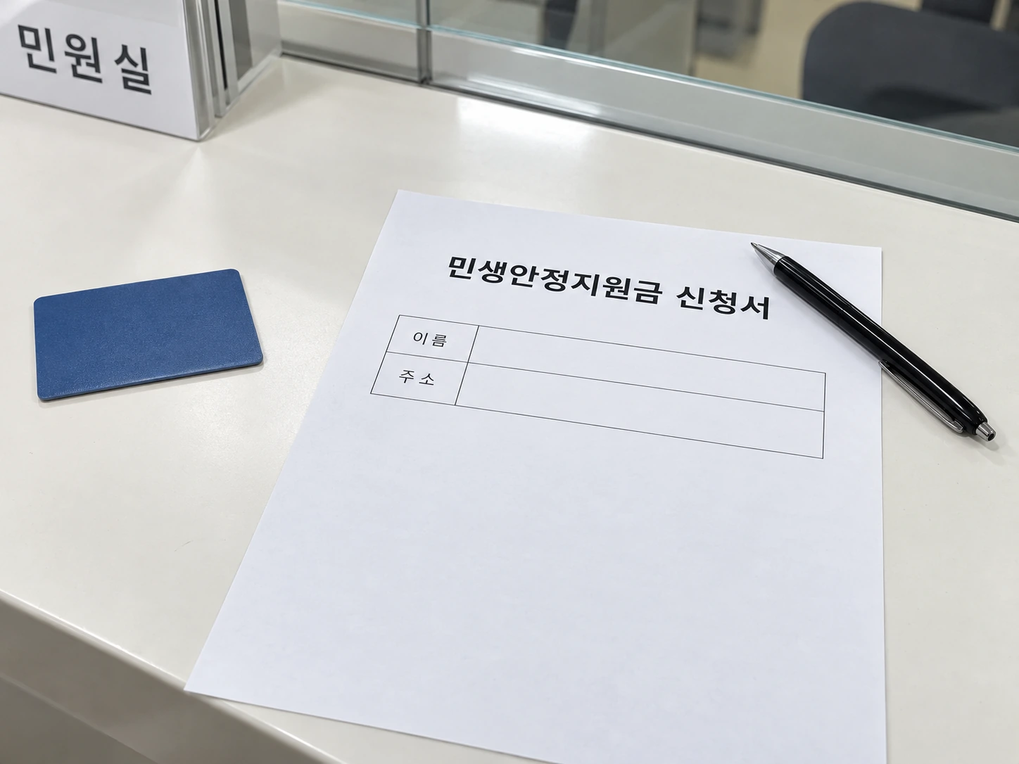 민원 창구 책상 위에 민생안정지원금 신청서와 볼펜, 신분증이 놓여 있는 사진