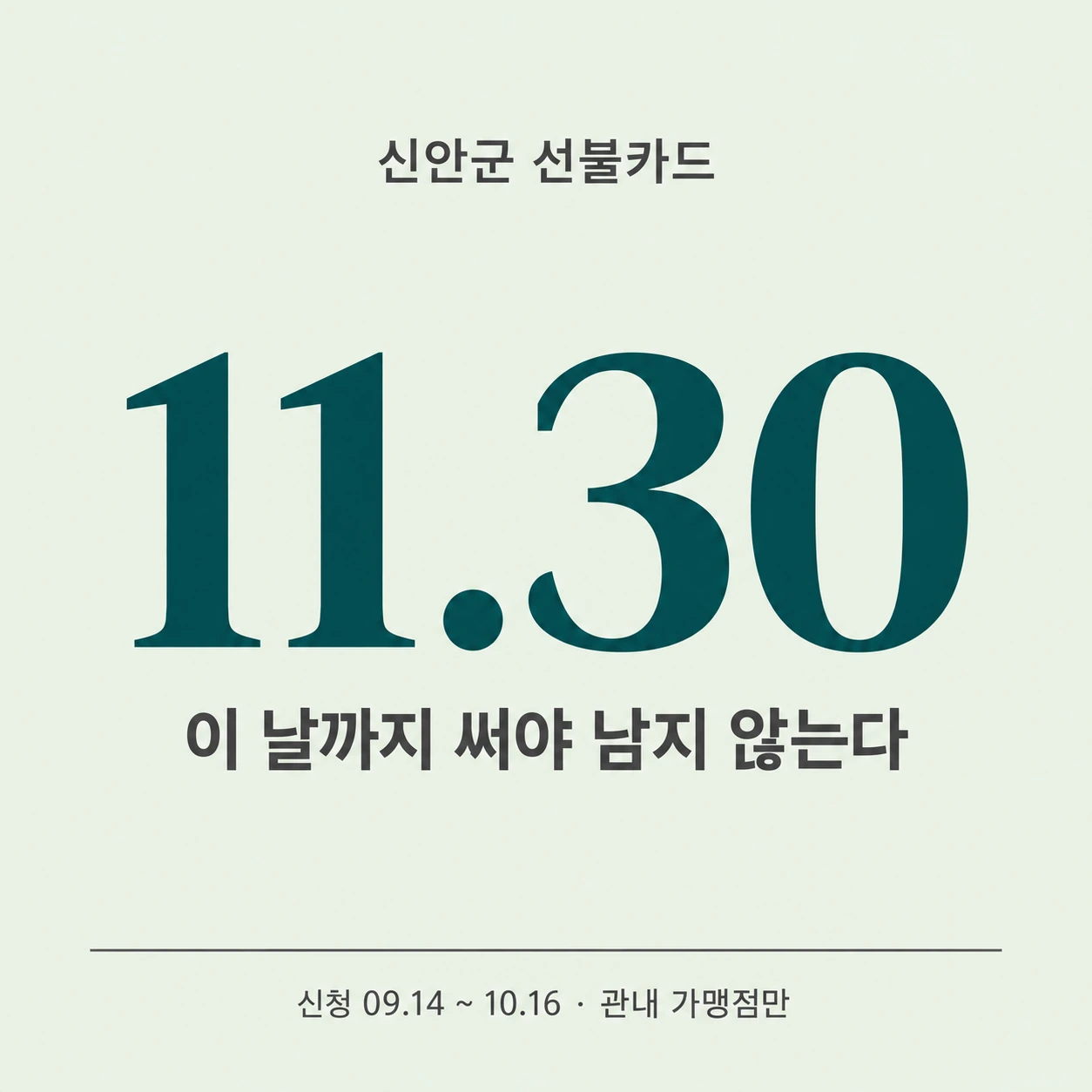 신안군 선불카드 사용 기한 11월 30일을 큰 숫자로 보여주는 카드
