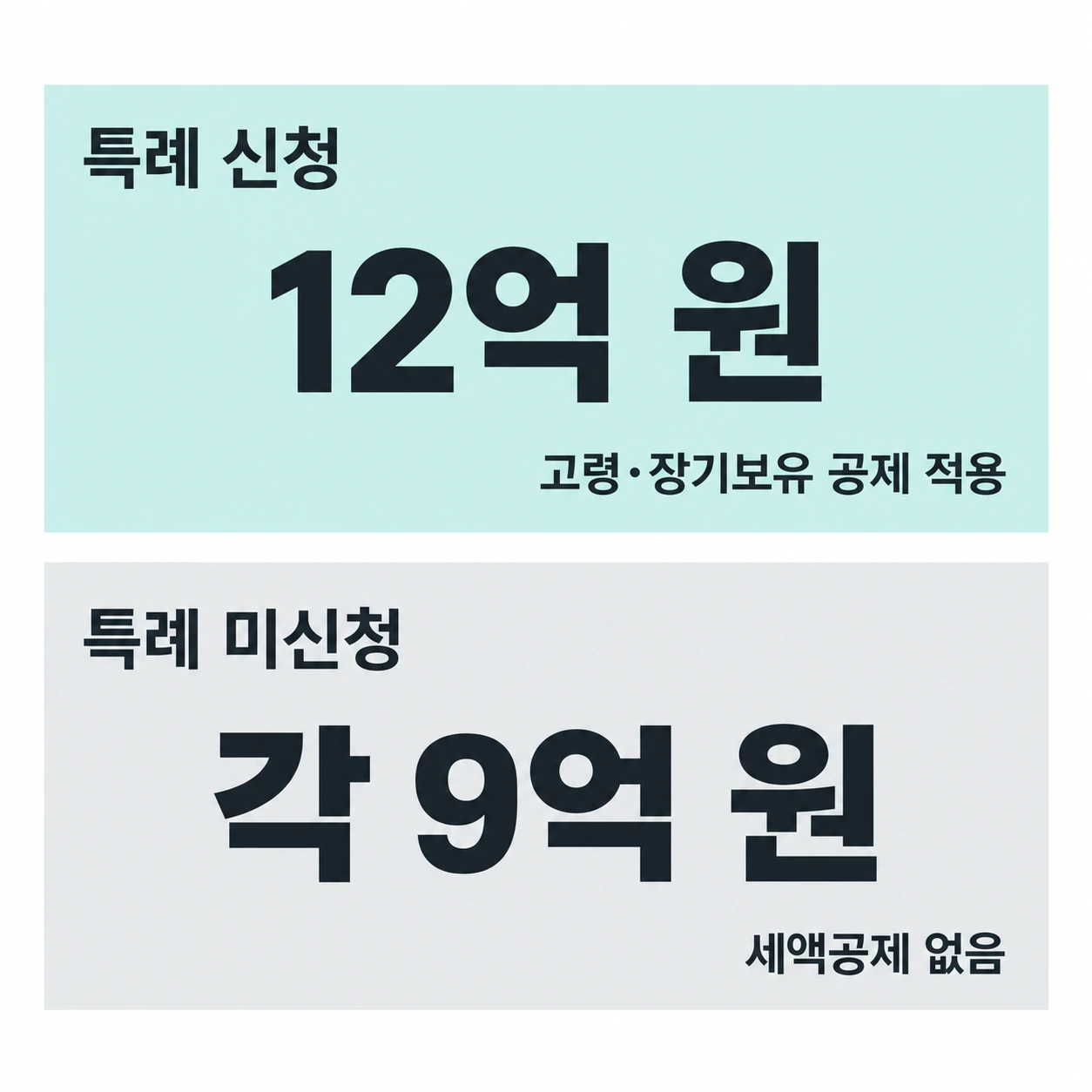 특례 신청 12억 원과 미신청 각 9억 원 공제 비교