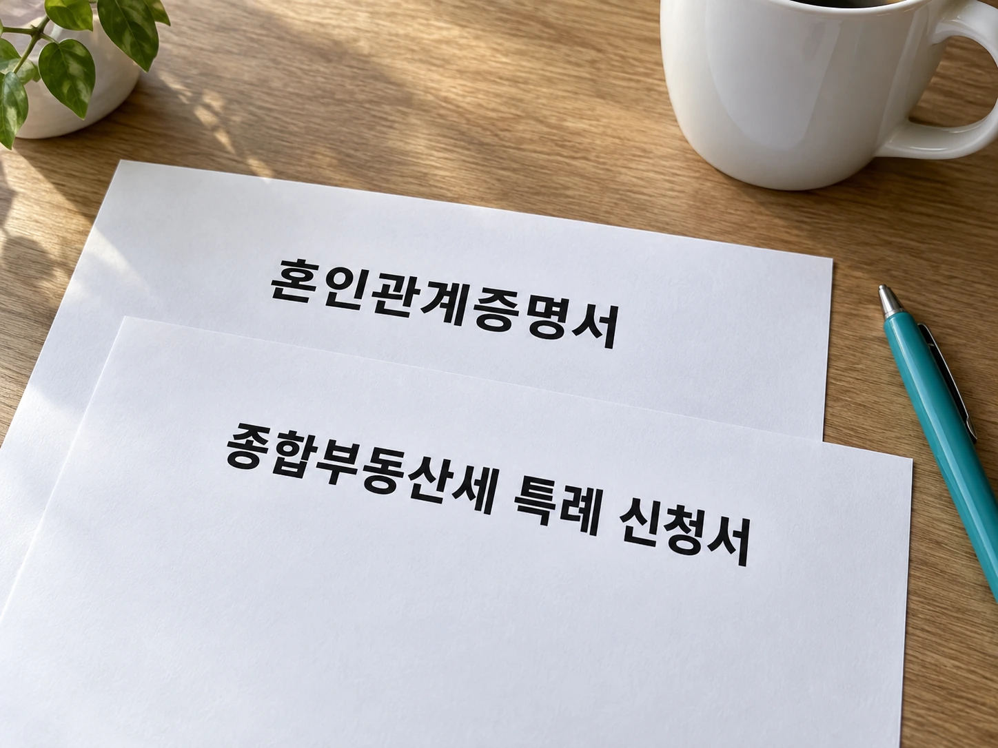 테이블 위에 놓인 종합부동산세 특례 신청서와 혼인관계증명서