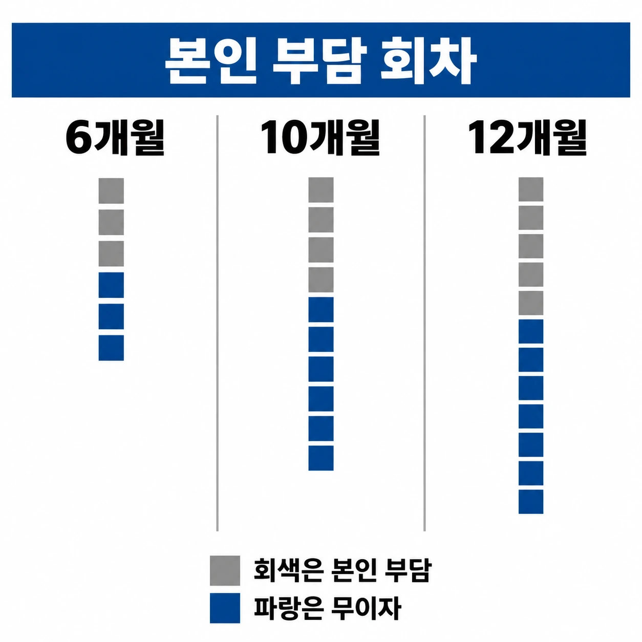 6개월·10개월·12개월 할부에서 본인 부담 회차를 회색 칸으로 나타낸 인포그래픽