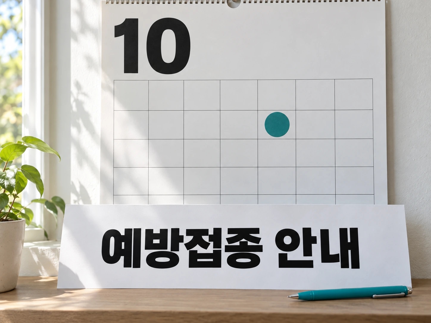 10월 달력에 청록색 스티커로 표시된 예방접종일과 안내 종이